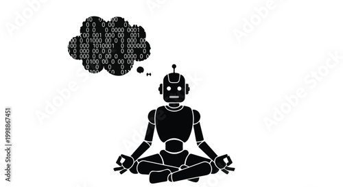 Robot sitting in a meditative lotus pose contemplates binary code in its thought bubble.