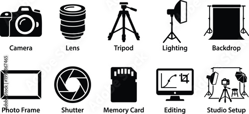 photography equipment icons set, camera, lens, tripod, lighting, backdrop, studio