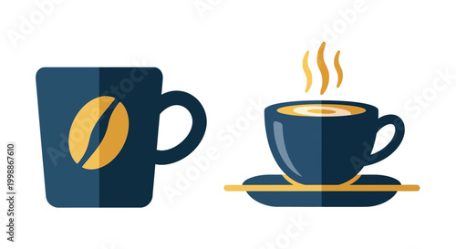 Two coffee cups with steam rising.