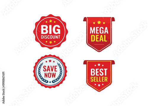 Four discount and best seller labels on white background