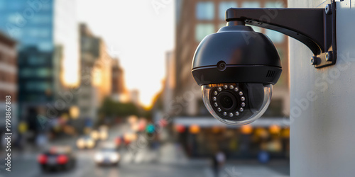 CCTV dome security camera mounted on urban street for public surveillance crime prevention and smart city monitoring