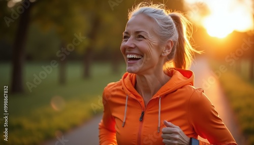 Mature woman jogs with fitness tracker at sunrise in park. She smiles happily during outdoor exercise, enjoying nature. Healthy lifestyle, active aging, wellness, vitality, copy space.