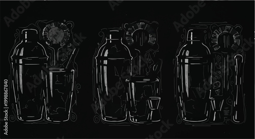Cocktail shakers and mixing glasses displayed as a set illustrate professional bar tools.