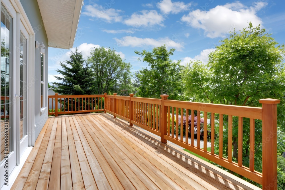 Obraz premium Wood deck on house balcony extending to trees view