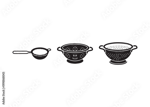 Three kitchen colanders for draining pasta and vegetables  various sizes