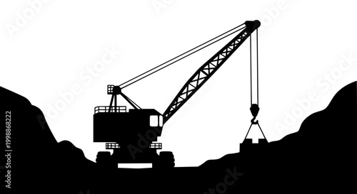 Black Silhouette of a Heavy Construction Crane in a Quarry