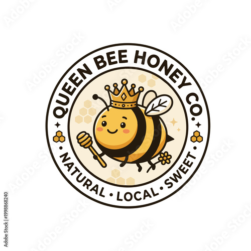 Emblem Style Logo Featuring a Chubby Queen Bee in the Center, Simple Circular Outline, Flat Colors, No 3d Effects