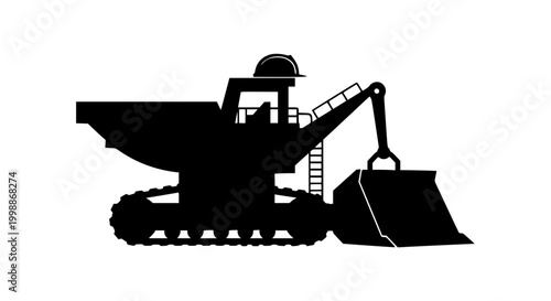 Black Silhouette of Heavy Mining Excavator and Construction Vehicle with Hard Hat