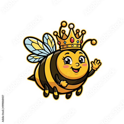 Chubby Queen Bee, Mascot Logo of a Funny, Thick Outline Cartoon, Flat Cel Shading, Crisp Vector Illustration