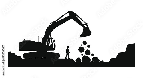 Excavator digging with pile of rocks and worker black silhouette high quality professional detailed modern elegant stylish clean crisp