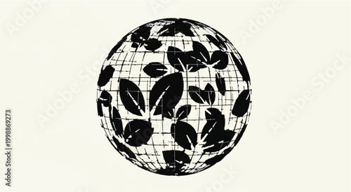 Globe is illustrated with a pattern of leaves and grid lines, symbolizing nature.