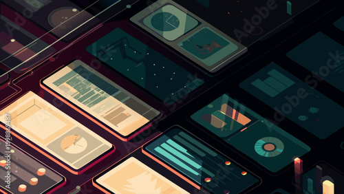 Ai business intelligence dashboard with futuristic interface and data visualization screens in dark neon colors