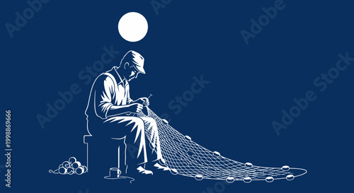 Fisherman Mending Net Under Moon, Maritime Craftsmanship, Nautical Industry