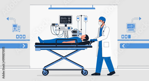 Doctor pushing patient on gurney with medical equipment in hospital corridor