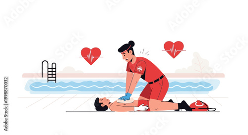 Lifeguard performing CPR on drowning victim by swimming pool with heartbeats