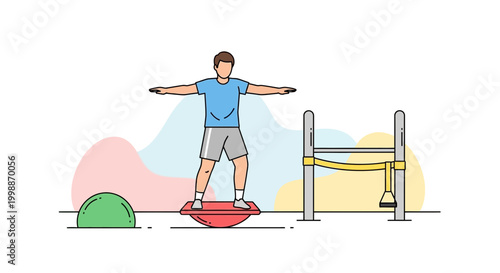 Man balancing on a bosu ball for fitness and exercise in an outdoor gym