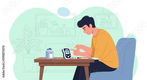 Man checking blood sugar with glucose meter at home, diabetes control concept