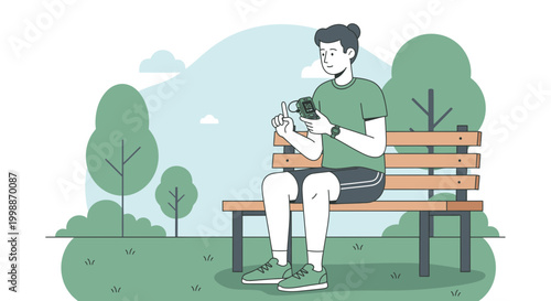 Man checking fitness tracker on park bench, healthy lifestyle, outdoor exercise
