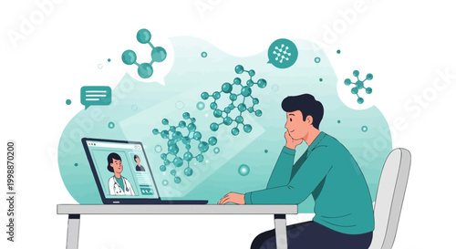 Man learns about molecules via online video call with doctor, science and technology concept