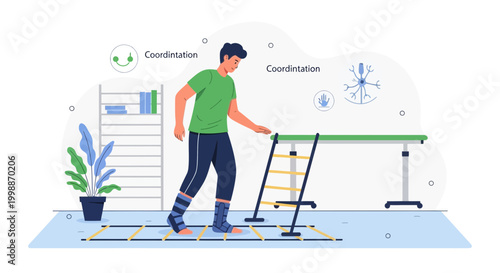 Man practicing agility and coordination exercises on a ladder in a physical therapy setting.
