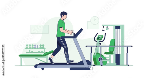 Man running on treadmill in modern gym, fitness equipment, healthy lifestyle