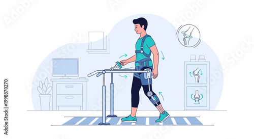 Man using exoskeleton for rehabilitation on treadmill, futuristic medical technology