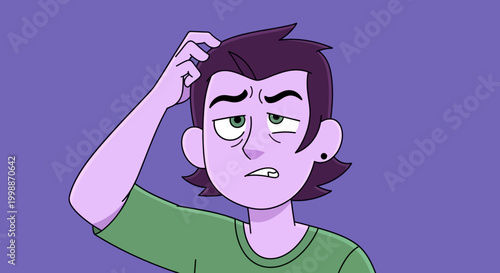 Confused cartoon person scratching head, uncertain expression, purple background
