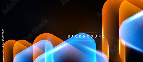 Abstract flowing shapes, vibrant orange, blue hues dominate dark background. Modern design, dynamic composition creates visual interest.