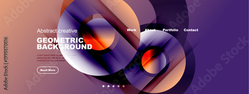 Abstract geometric background features vibrant purple, orange hues. Website navigation includes work, about, portfolio, contact sections.