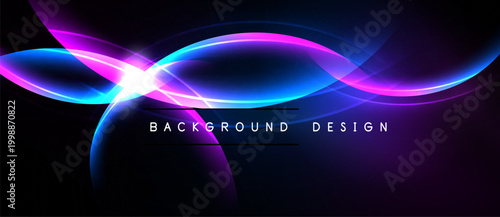 Abstract neon waves, vibrant blue, pink hues. Dark background creates dramatic visual effect. Modern design element.