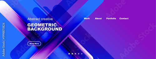 Abstract geometric background. Blue, purple gradients dominate design. Text promotes work, portfolio, contact options.