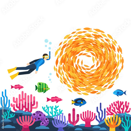 Diver exploring vibrant coral reef with school of fish underwater