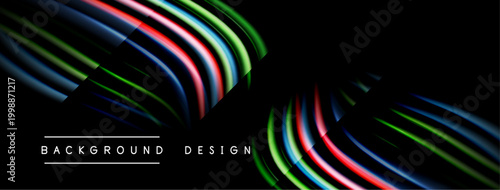 Abstract dynamic lines create flowing shapes. Bright colors contrast against dark background. Modern design element for projects.