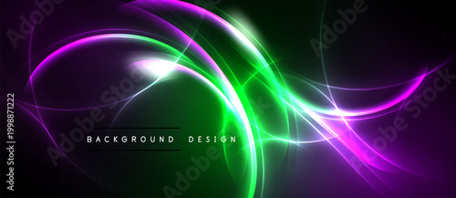 Abstract neon swirls, vibrant purple, green hues dominate dark background. Dynamic energy radiates from flowing lines, modern design element.