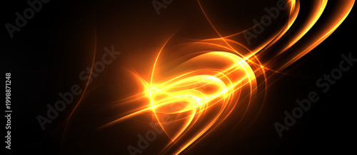Bright orange energy flows, curves, swirls against dark background. Abstract light design creates dynamic visual impact.