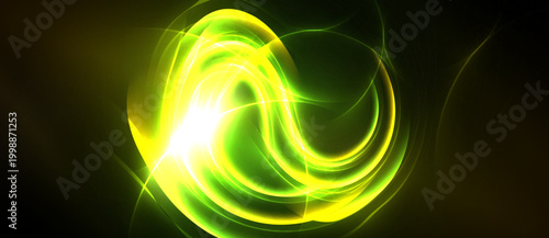 Bright yellow, green energy swirls. Abstract light design creates dynamic visual impact. Vivid colors radiate from central point.