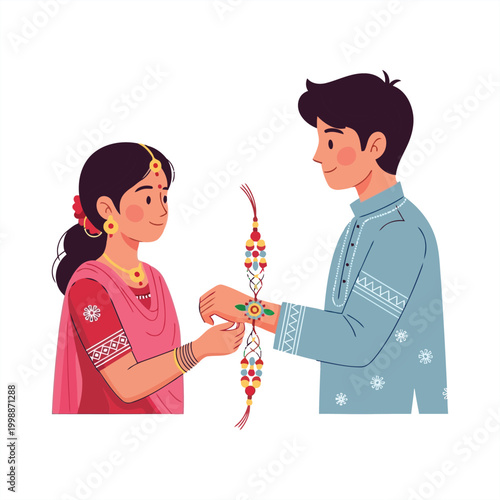 A girl ties colorful rakhi bracelet around brother's wrist on Raksha Bandhan
