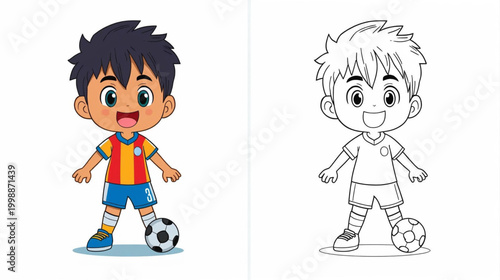 Coloring book-style illustration of a soccer kid