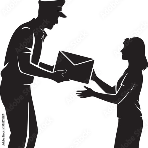 Postman handing envelope to woman silhouette