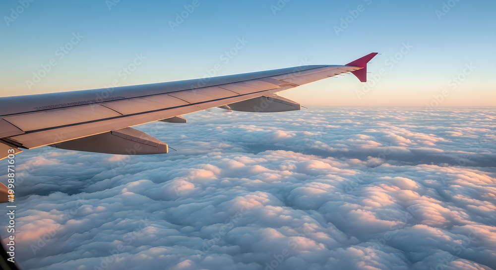 Obraz premium Passenger airplane wing with extended flaps in flight illustration