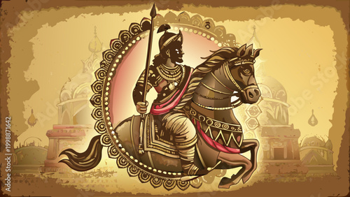 Maharana pratap jayanti celebration vector illustration indian warrior riding horse with spear traditional attire and temple background
