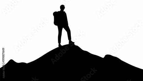 Person standing on mountain peak with backpack silhouette vector