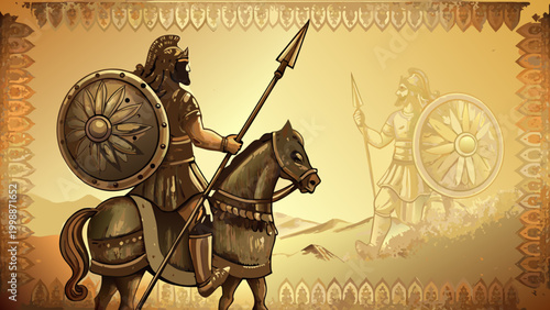Rajput warrior on horseback with spear and shield in desert landscape historical illustration