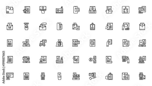 Bill and payment icon set. Vector icons pack featuring bill, cash, cheque, wallet, ATM, online payment, email, cashier, banking and account. Editable stroke.
