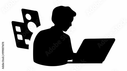 Black silhouette vector of a focused person studying with laptop and learning icons