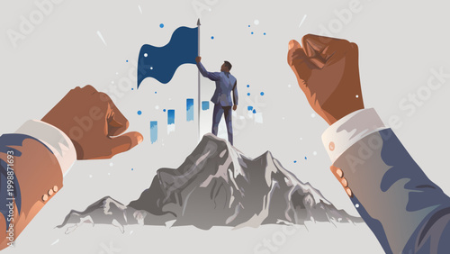 Businessperson standing on mountain peak holding flag with fists raised in success and triumph