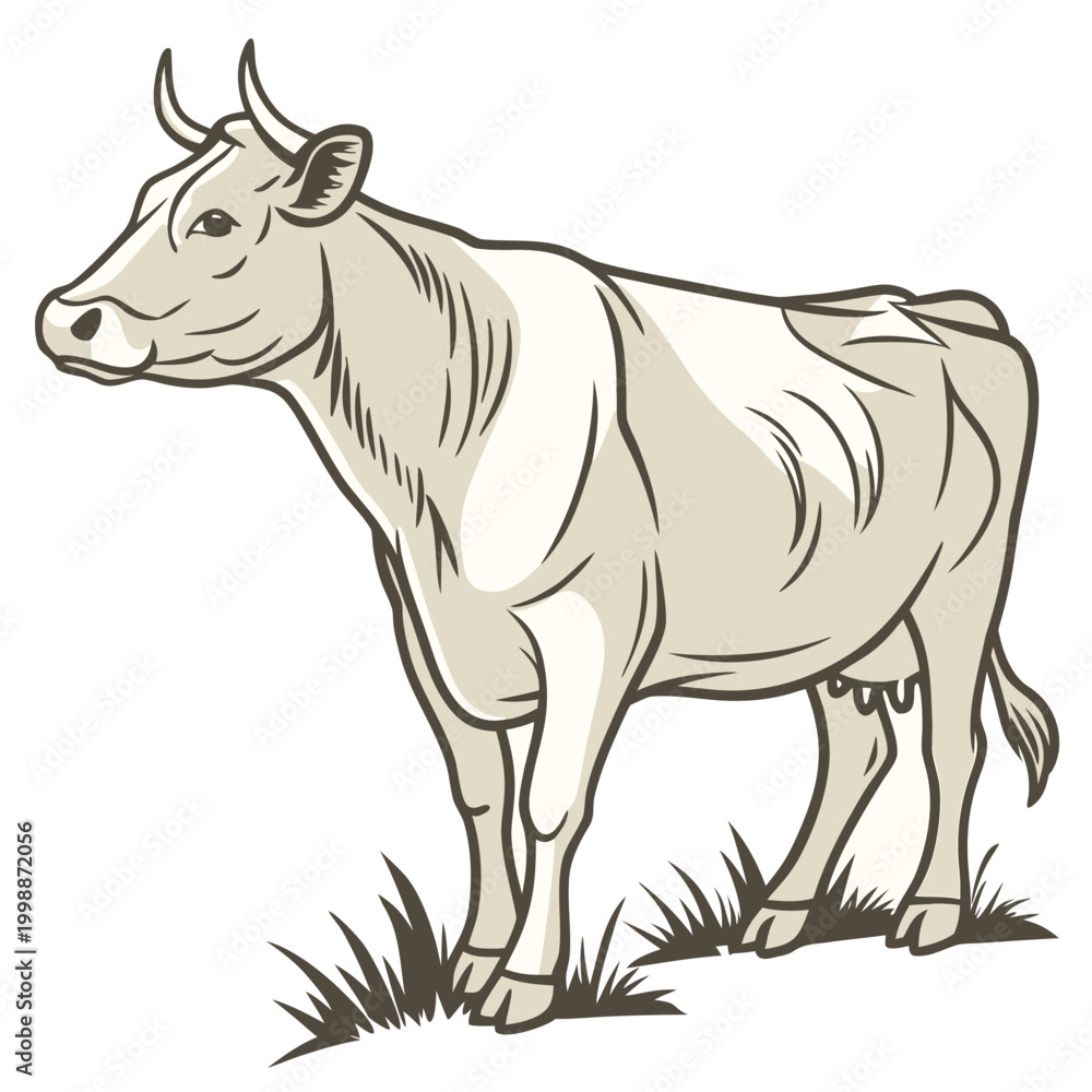 Fototapeta premium Hand-drawn cartoon cow standing in green meadow, cheerful farm animal illustration for children's books
