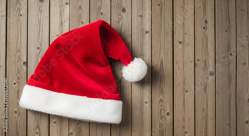 Red Santa hat hanging on wooden fence illustration