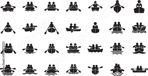 Collection of various canoe and kayak silhouettes with people paddling seen from above in black and white.