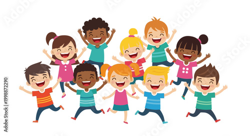 Diverse happy children jumping and cheering, illustration for childhood and fun